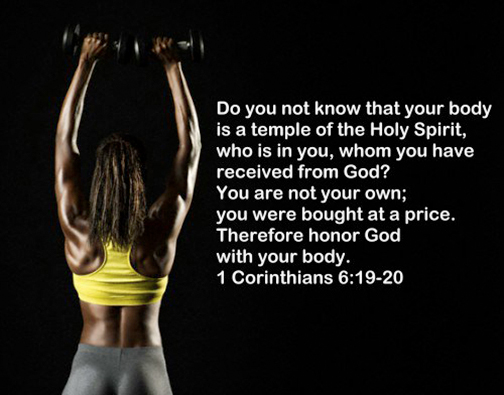 [Photo of a woman lifting weights with a Scripture verse superimposed]