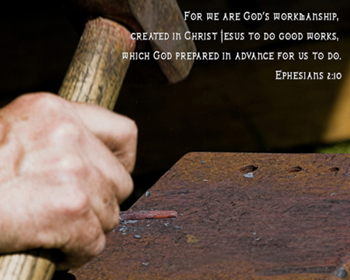 [Photo of a workman's hand with a Scripture verse superimposed]