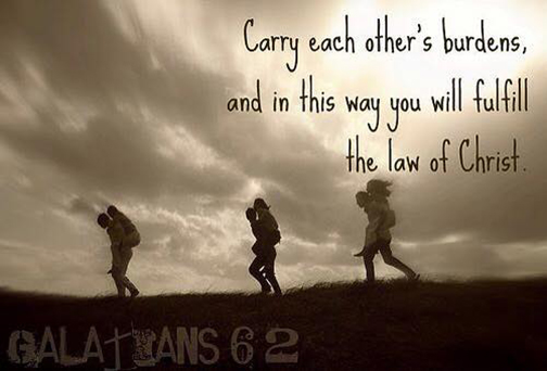 [Photo of travelers with Scripture verse superimposed]