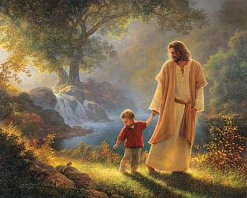 [Drawing of Jesus walking hand-in-hand with a little child]
