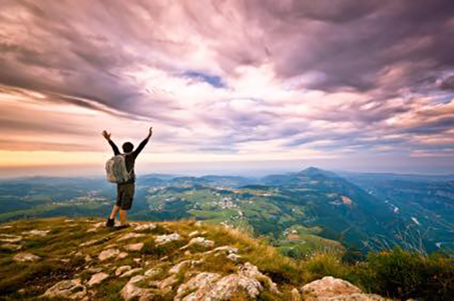 [Graphic of a man rejoicing on a mountain top]