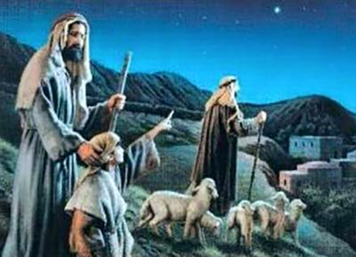 [Drawing of shepherds going to Bethlehem]