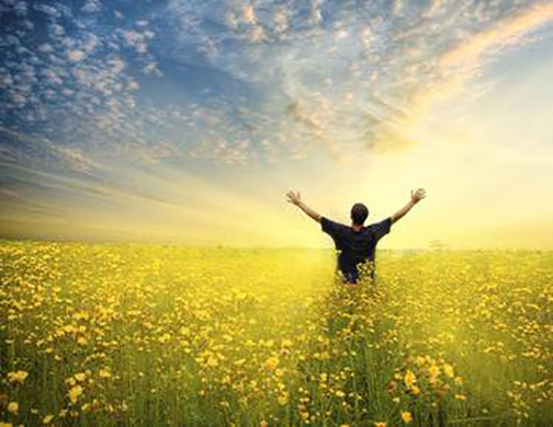 [Photo of a man with raised arms standing in the sunlight in a field]