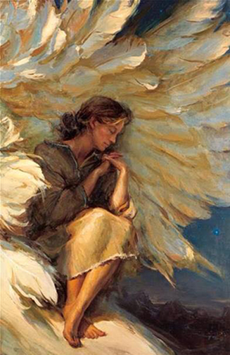 [Drawing of a man resting under an angel's wings]