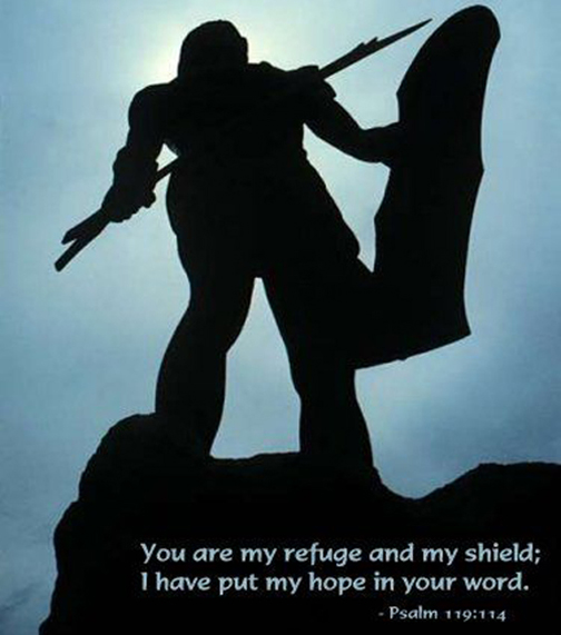 Photo of knight with a shield with a Scripture verse superimposed