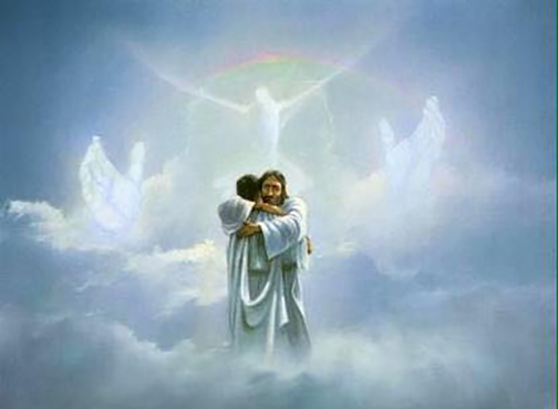 Drawing of person hugging Jesus in heaven