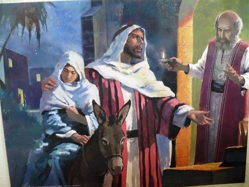 [Painting of Joseph and Mary trying to find a place at an in]