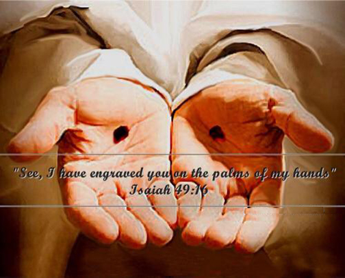 Photo of pierced hands with words superimposed